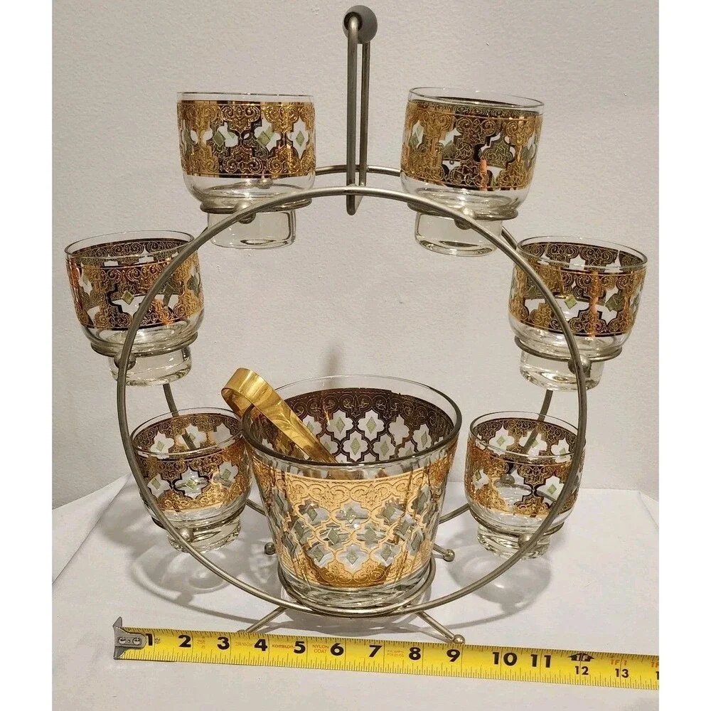 Vintage Culver Valencia 22K Gold 6 Glass Ice Bucket Caddy Set MCM 1960s